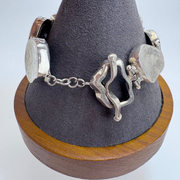 VTG Two Tone Sterling Silver 925 Slab Druzy Abstract Chain Bracelet 7.5" Length - Picture 6 of 16